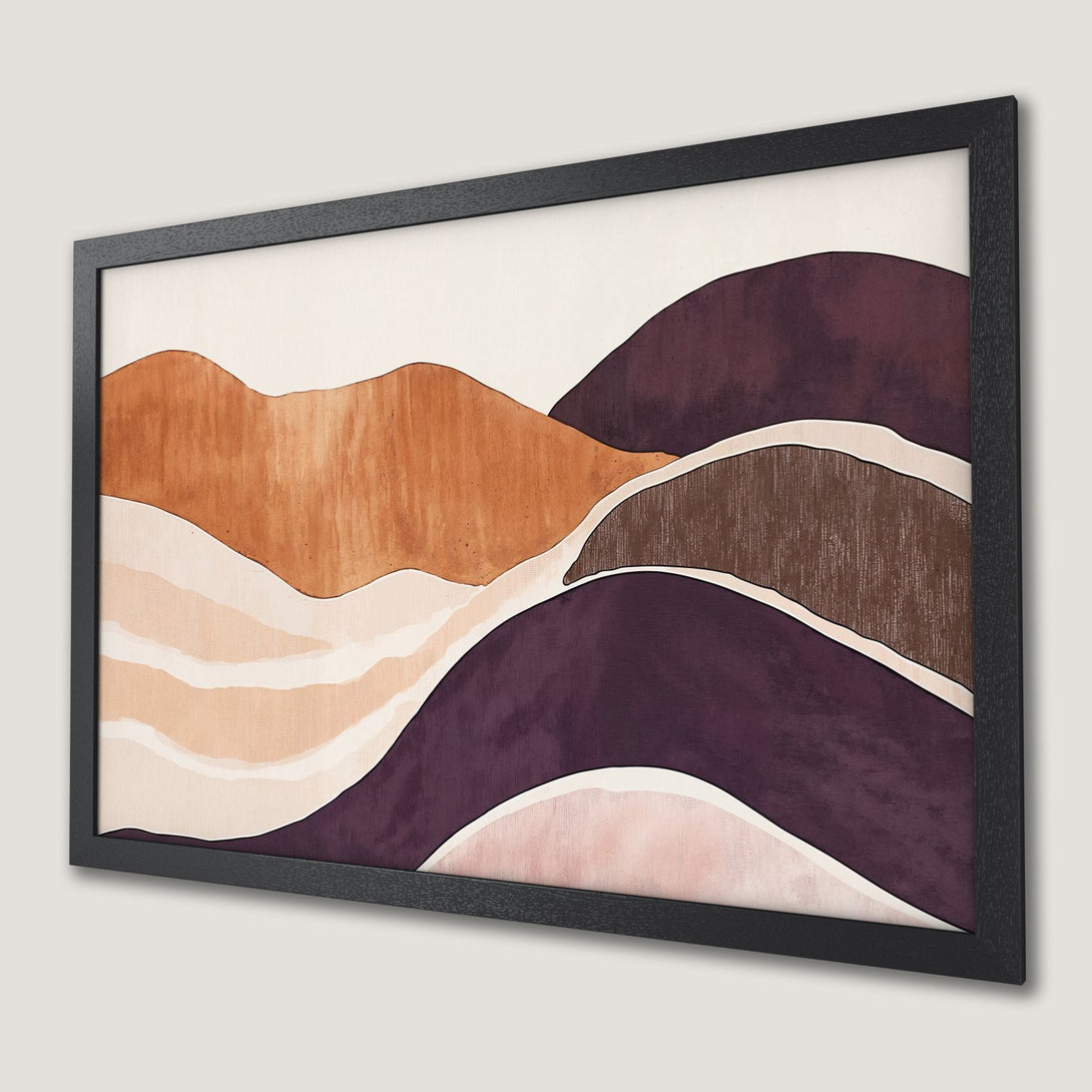 Framed Poster featuring abstract landscape art in warm earth tones and deep purple. Modern wall decor.