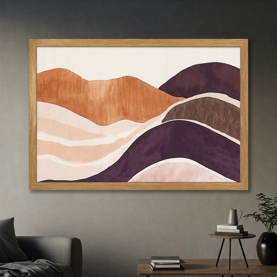 Framed Poster featuring abstract landscape art in warm earth tones. Modern art print perfect for home decor.