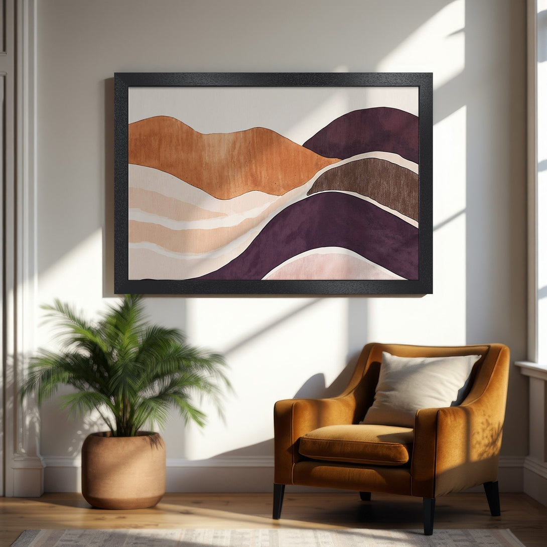 Framed Poster featuring abstract mountain landscape art in warm earth tones. Perfect wall decor for a modern home.