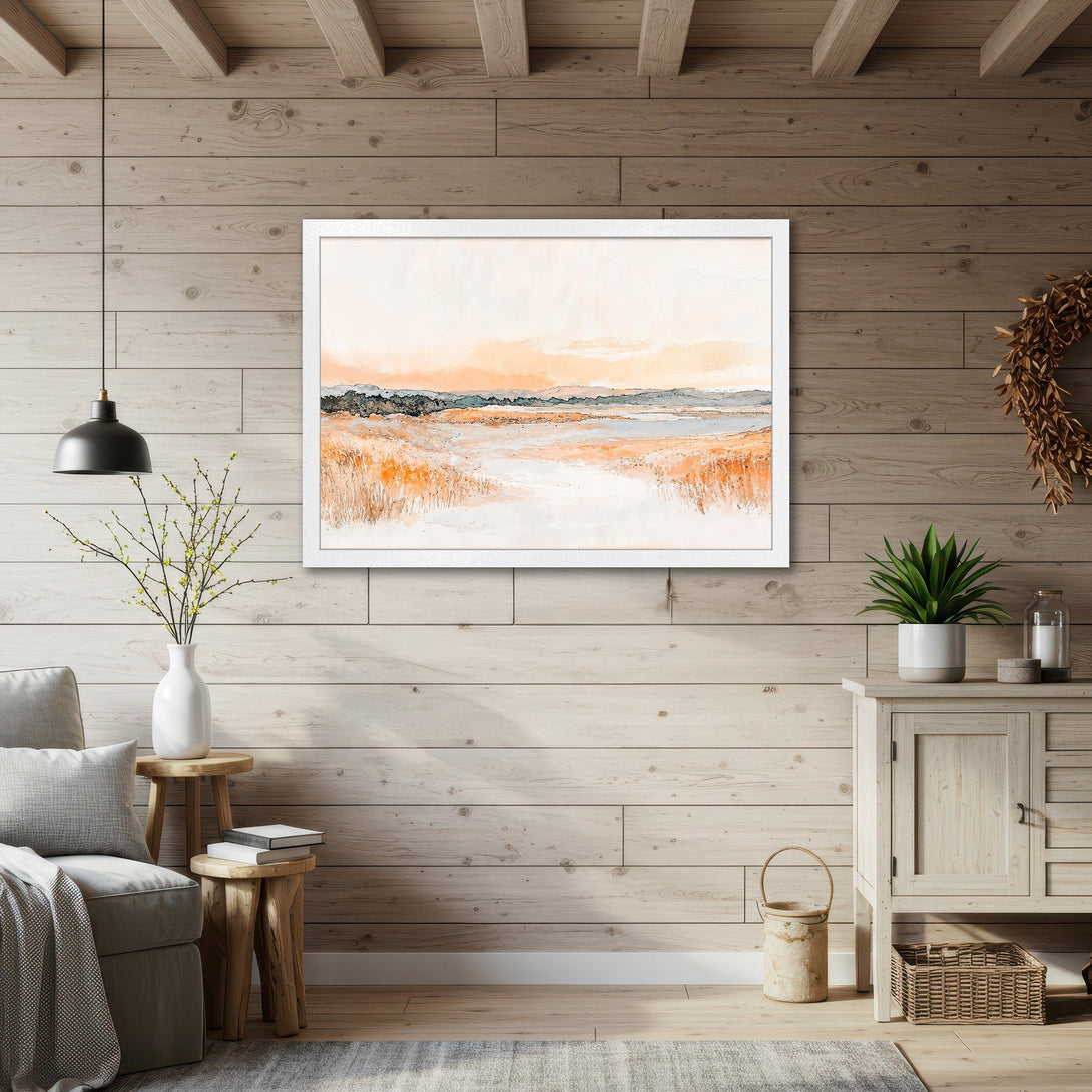 Framed Poster of a serene landscape in watercolor style. Featuring warm orange and neutral tones, perfect for adding a touch of nature to your home.