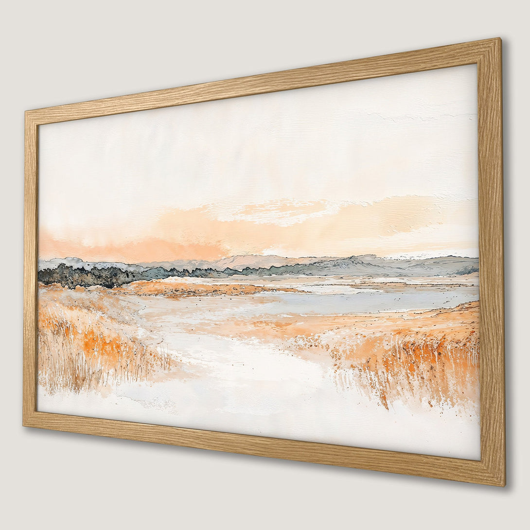 Framed Poster of a serene landscape in watercolor style, featuring warm orange and neutral tones. Perfect wall art!