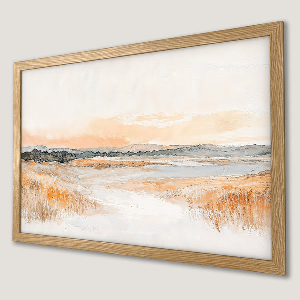 Framed Poster of a serene landscape in watercolor style, featuring warm orange and neutral tones. Perfect wall art!
