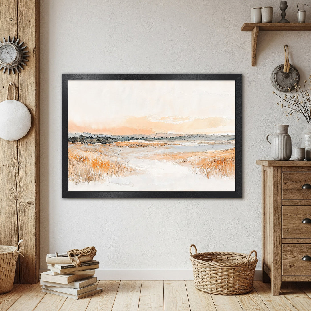 Framed Poster of a watercolor landscape in warm orange and gray tones, perfect for home decor.