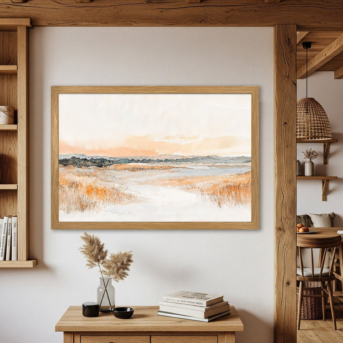 Framed Poster featuring a watercolor landscape in warm orange and neutral tones. Perfect for adding a touch of nature to your decor.