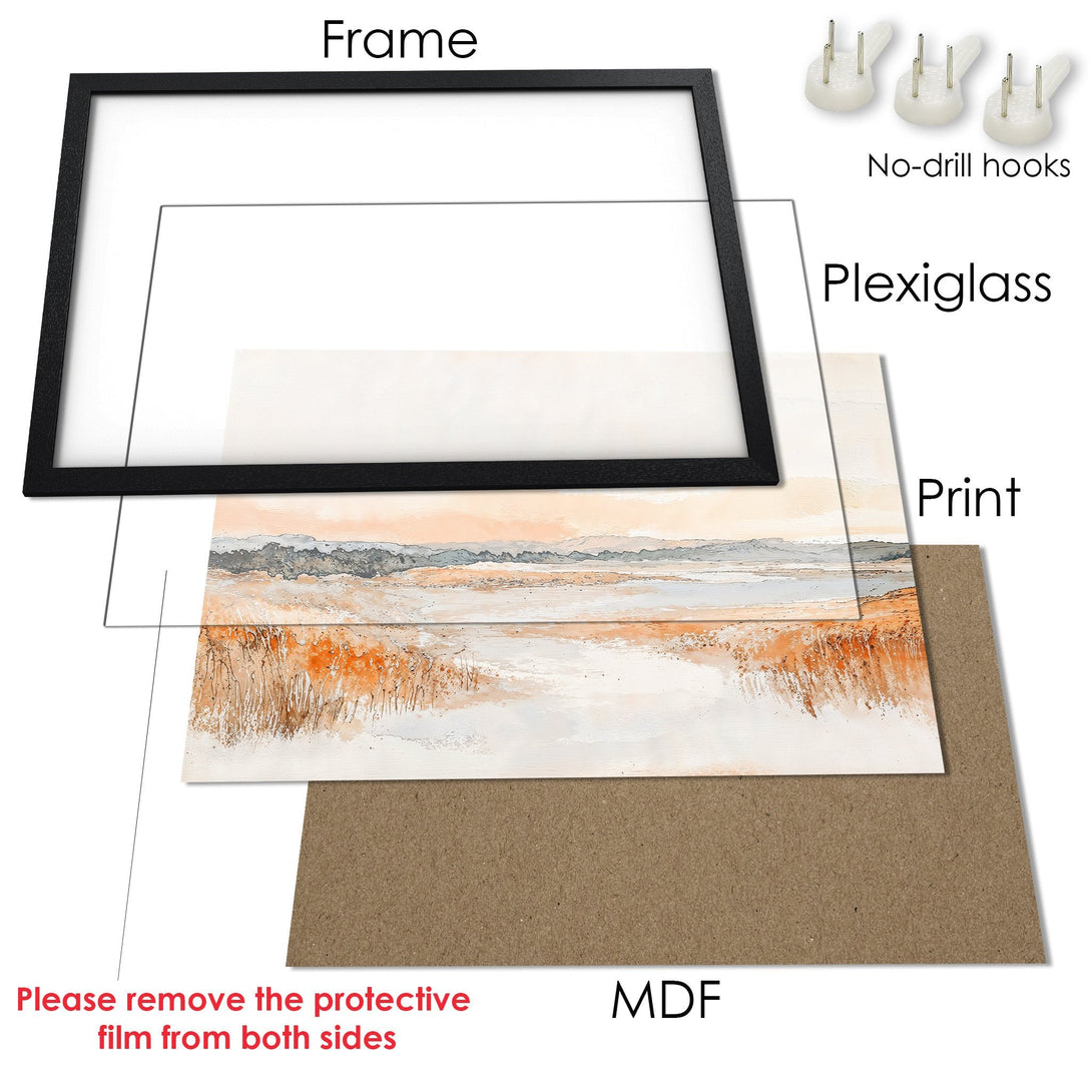 Framed Poster of a serene landscape in neutral tones. Modern art style with an orange, gray, and white color palette. Ready to hang!