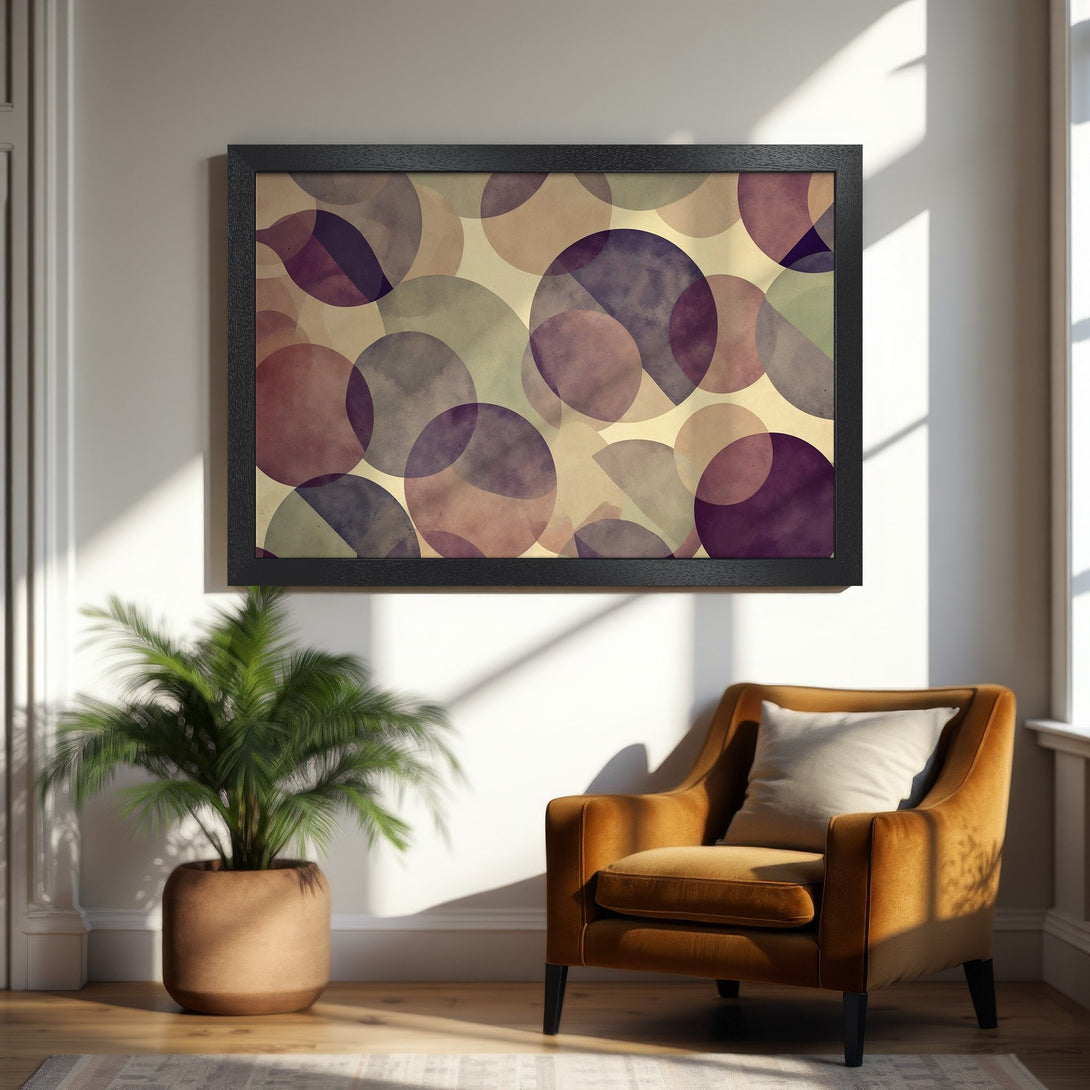 Framed Poster featuring abstract geometric circles in a muted purple and beige color palette. Modern art print for home decor.