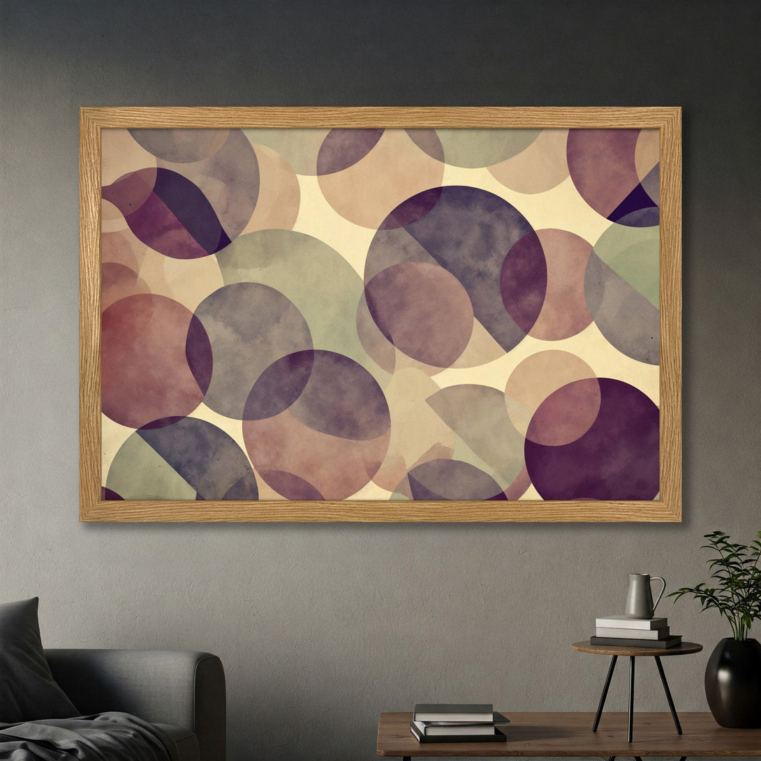 Framed Poster featuring abstract watercolor circles in a muted purple and beige color palette. Modern art print for home decor.