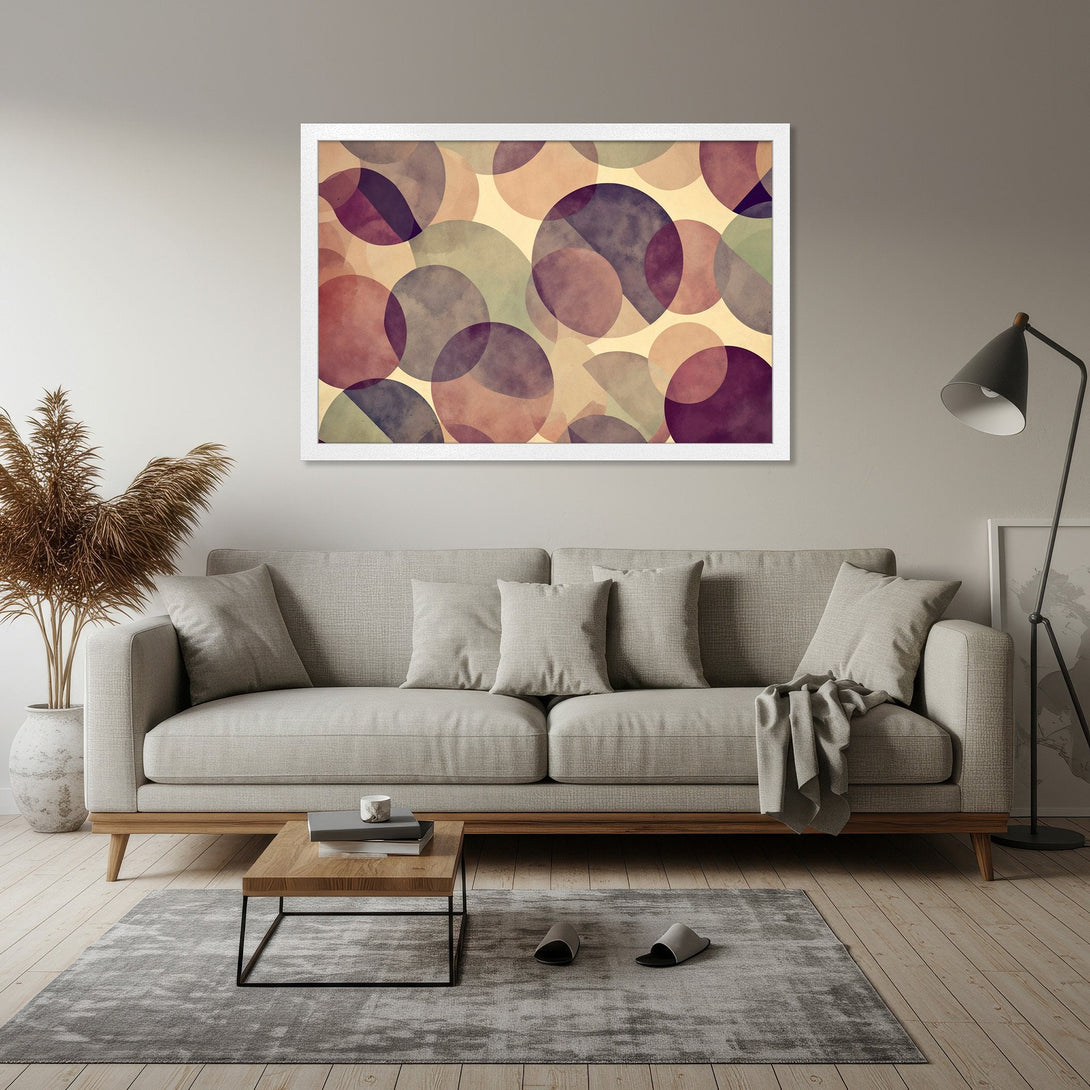 Framed Poster featuring abstract geometric circles in a watercolor style with a warm, muted color palette of burgundy, beige, and olive. Perfect wall art!