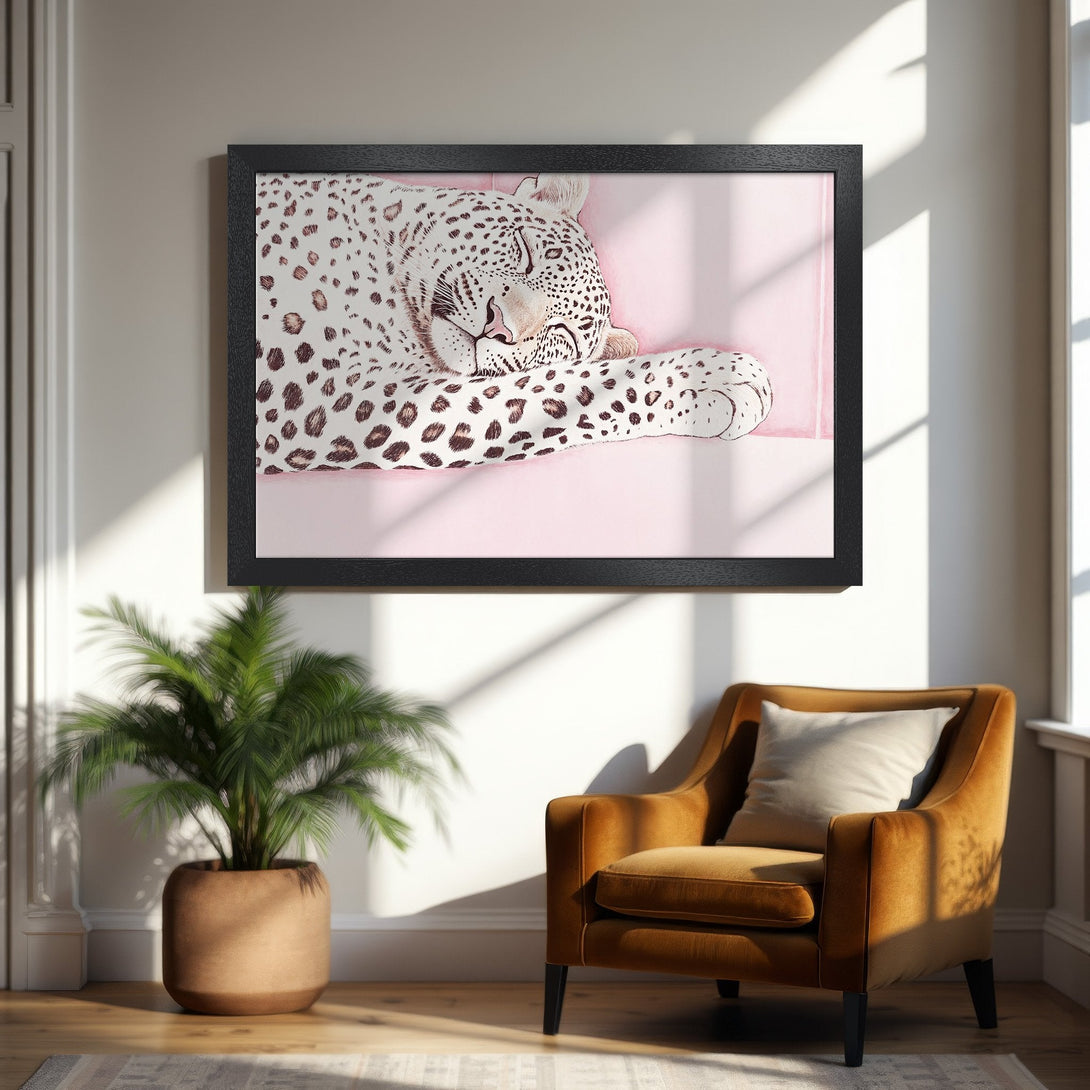 Framed Poster of a sleeping leopard in soft watercolor style. Pink & brown tones create a calming aesthetic. Perfect wall art!
