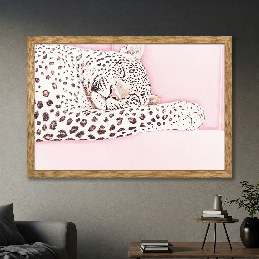 Framed Poster featuring a sleeping leopard in a soft, watercolor style with a pink and brown color palette, perfect wall art.