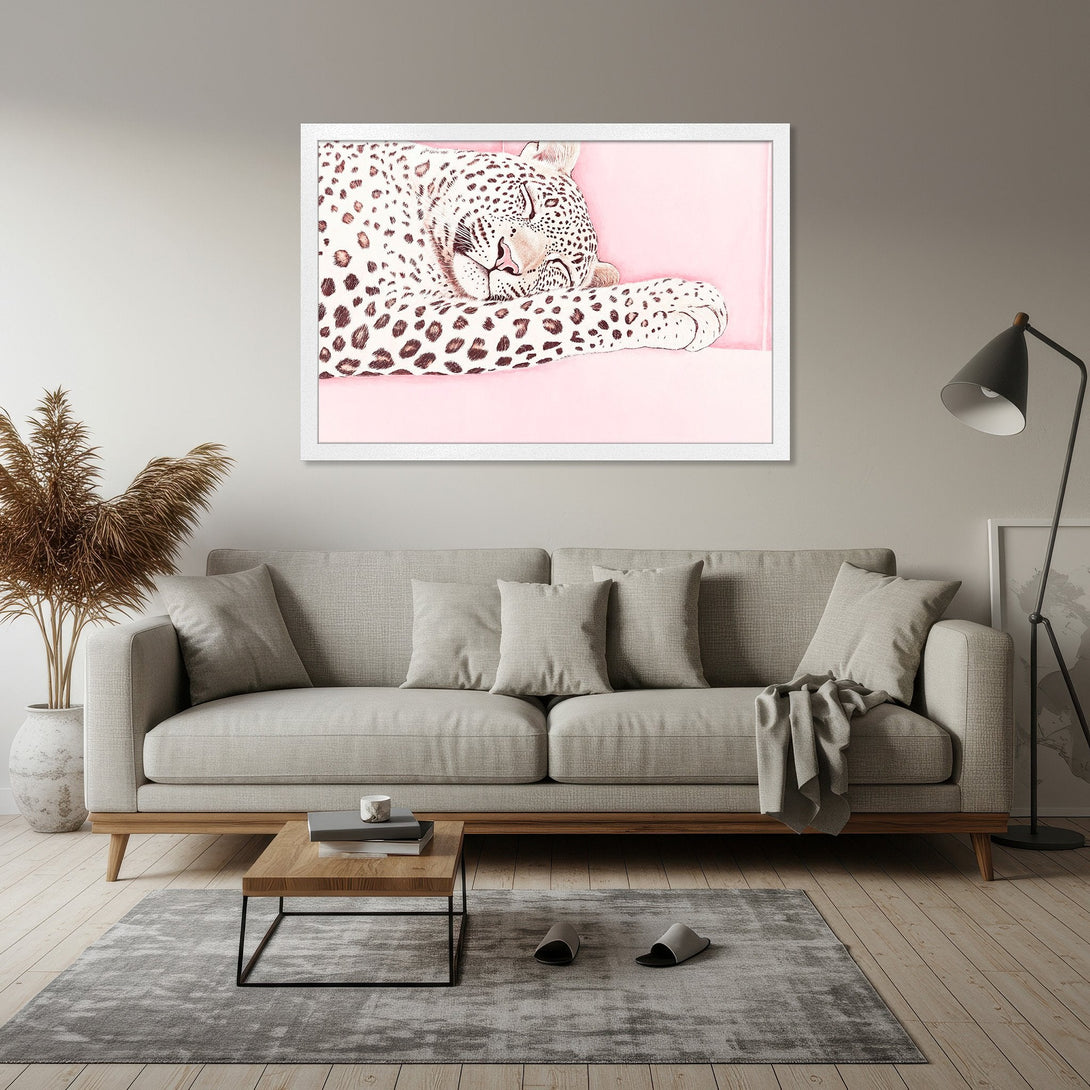 Framed Poster featuring a sleeping leopard in a watercolor style, with a pink and neutral color palette. Perfect wall art!