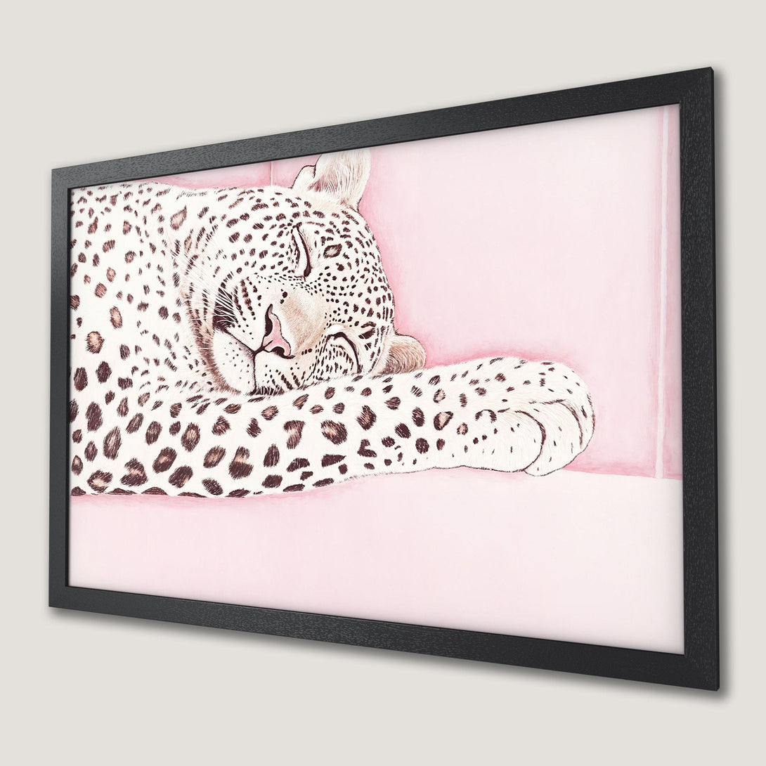 Framed Poster featuring a watercolor leopard on pink background. Modern art print with neutral tones for stylish home decor.