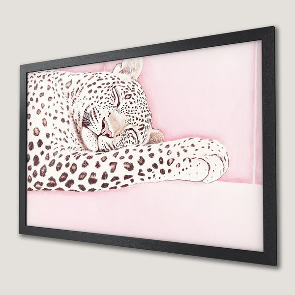 Framed Poster featuring a watercolor leopard on pink background. Modern art print with neutral tones for stylish home decor.