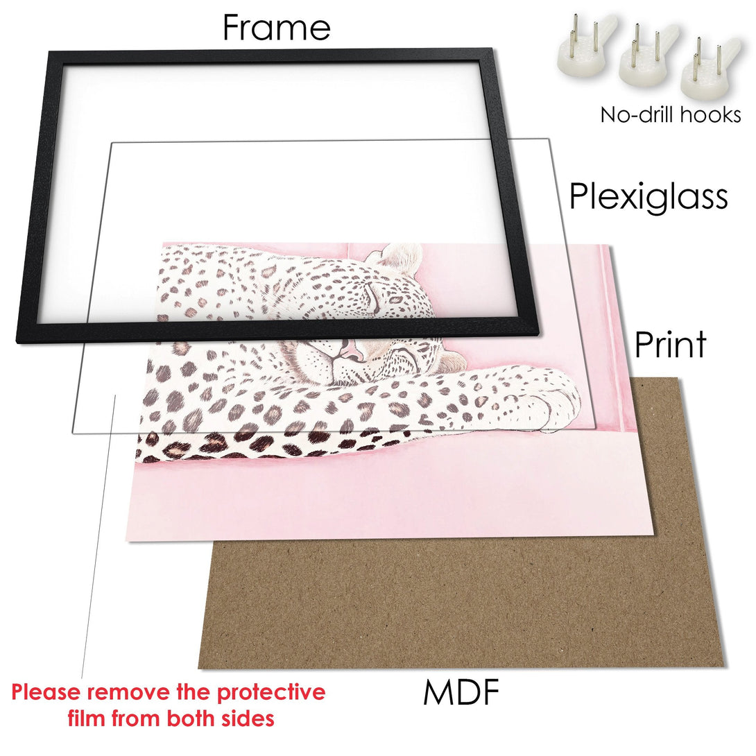 Framed Poster featuring a watercolor leopard in a black frame. Soft pink and neutral color palette. Perfect wall art!