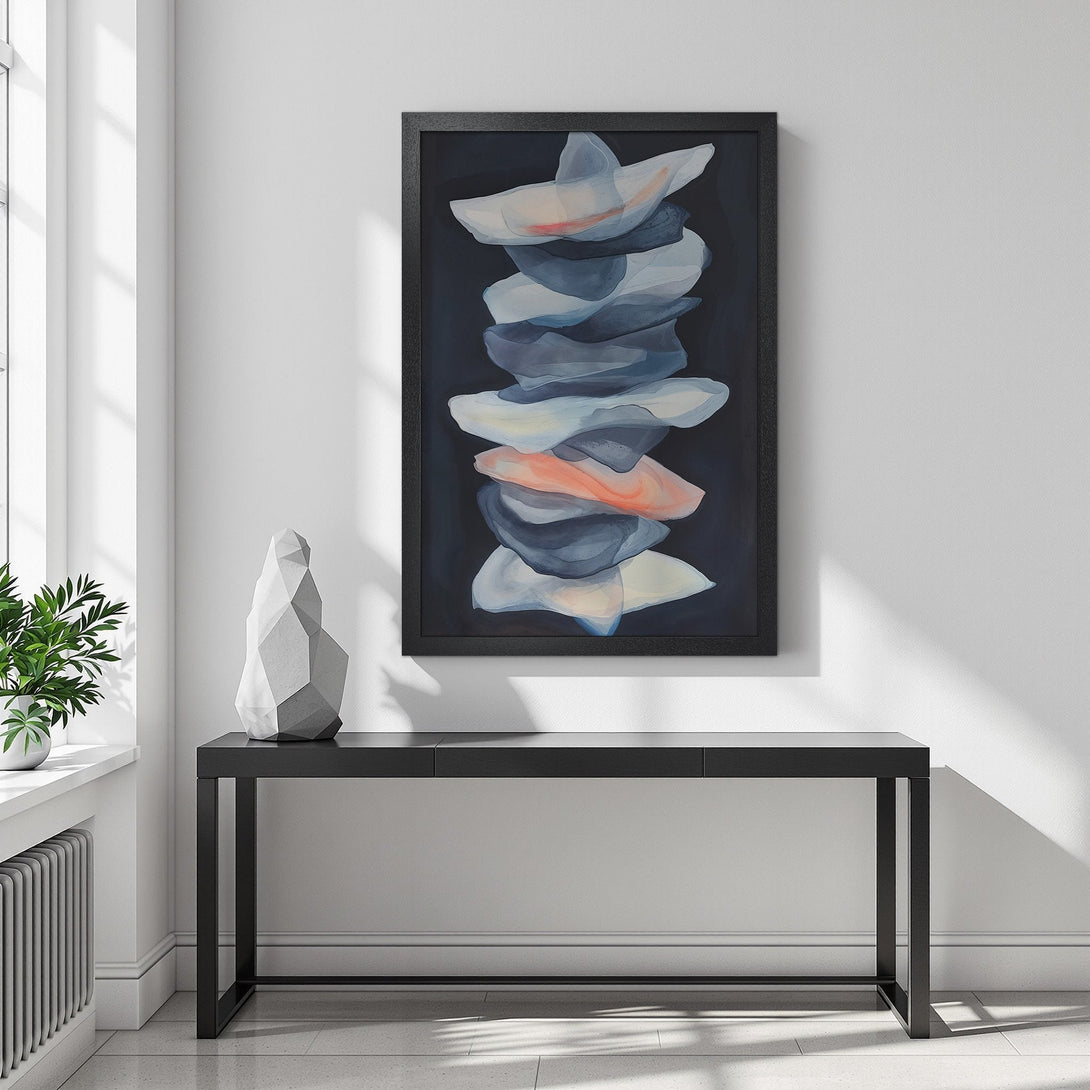 Framed Poster featuring abstract art in blue, white, and coral tones. Modern style artwork perfect for home decor.