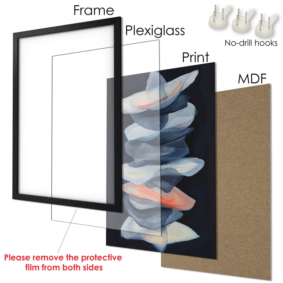 Framed Poster featuring abstract art in a cool blue and coral palette, perfect for modern decor.
