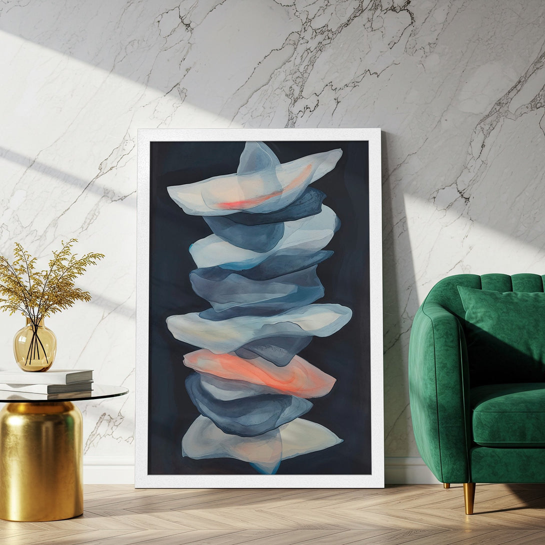 Framed Poster featuring abstract art in blue, white, and coral tones. Modern style, perfect for home decor.