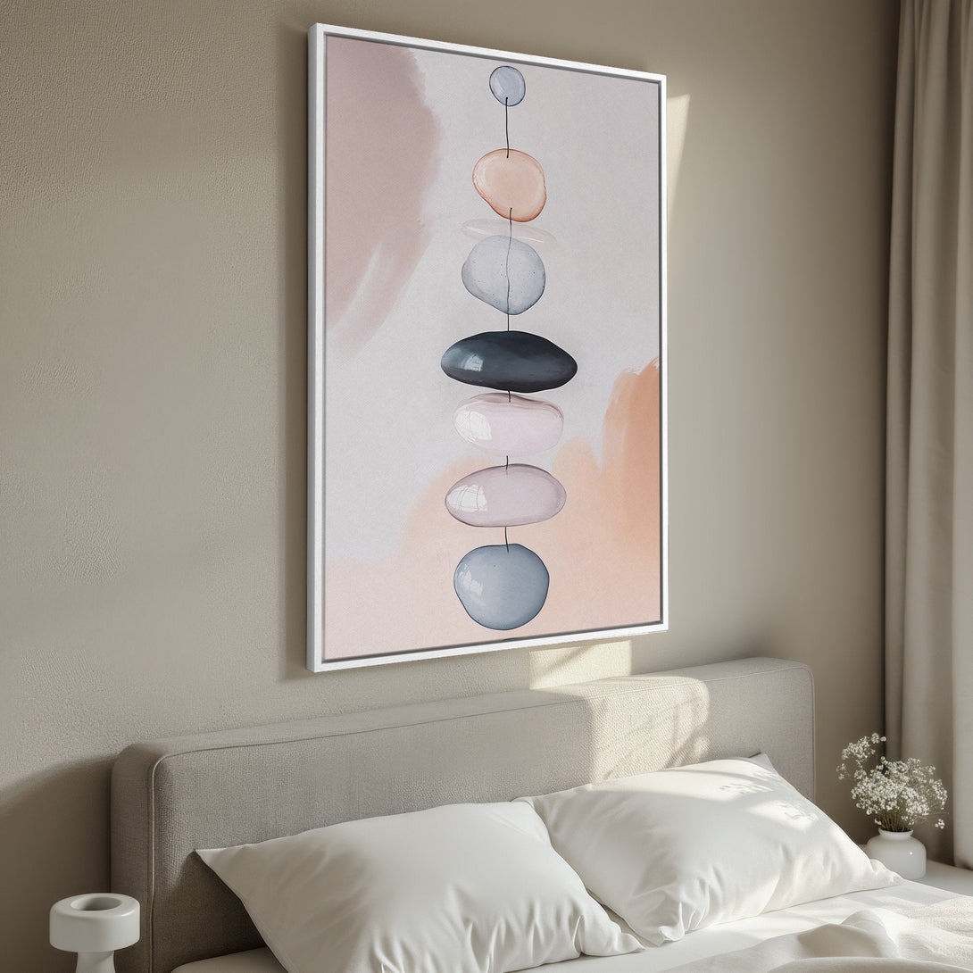 Framed Wall Art: Abstract watercolor art print featuring stacked stones in a neutral color palette. Perfect for adding a touch of zen to your bedroom decor.