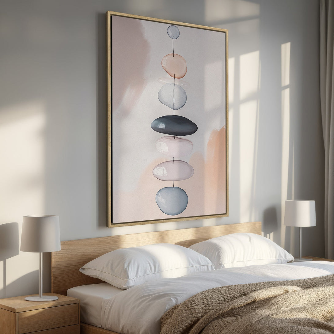 Framed Wall Art featuring an abstract watercolor design in soft blush and gray tones. Perfect for adding a touch of modern elegance to your bedroom decor.