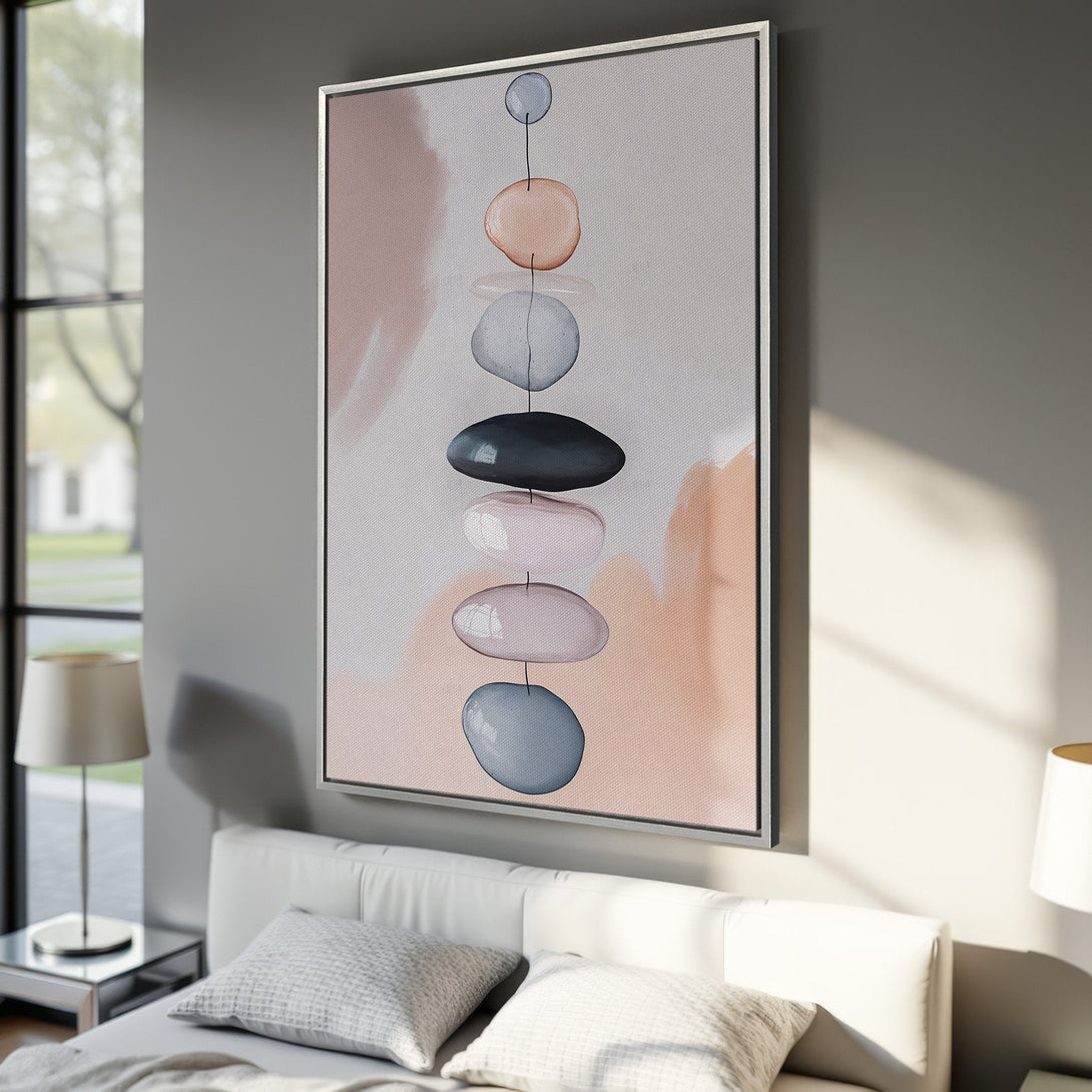 Framed Wall Art featuring abstract stone art in neutral tones. Modern Canvas Print perfect for bedroom decor, adding a touch of zen and serenity to any space.