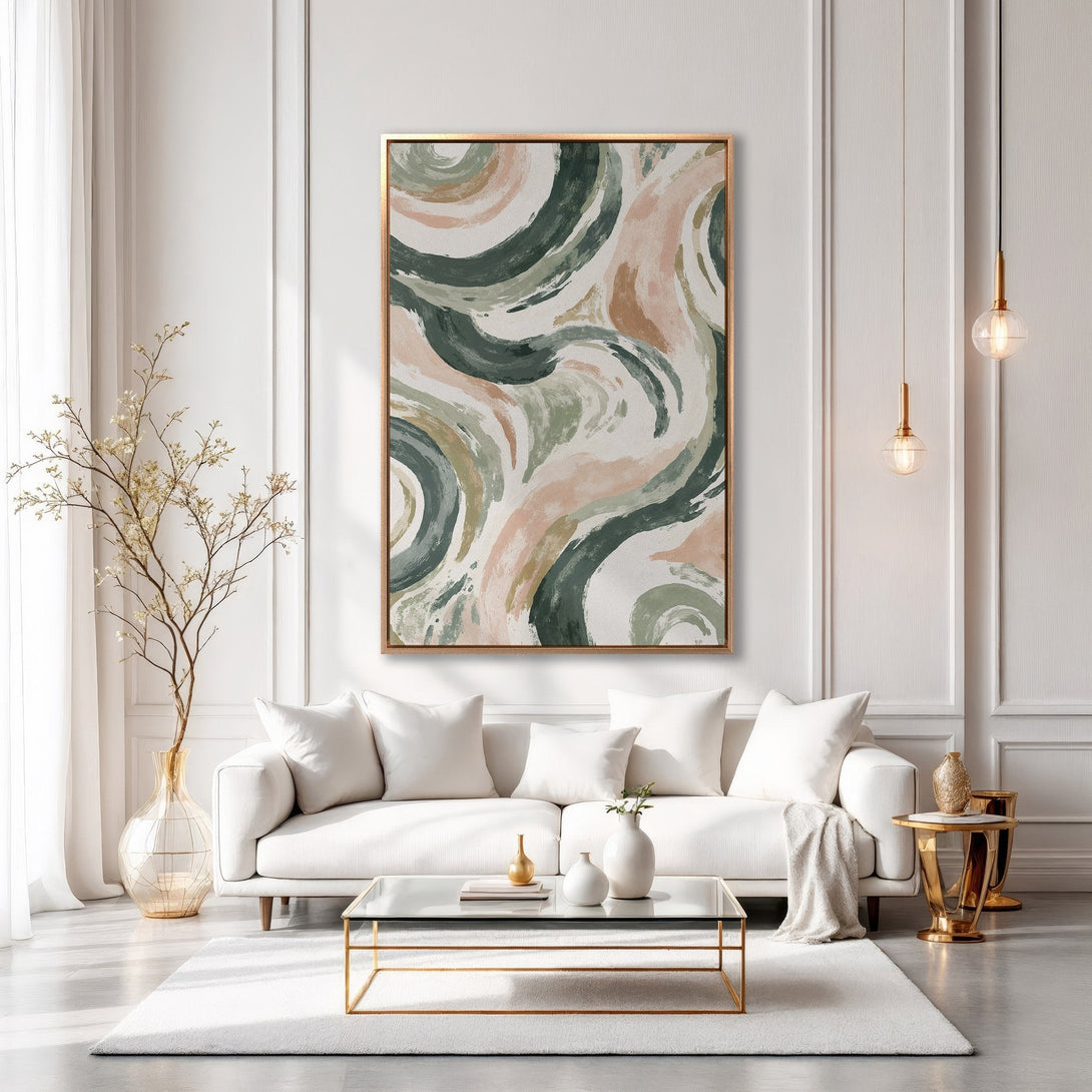 Framed Wall Art: Abstract brushstroke design in green, pink, and beige. Modern art canvas print adds a touch of elegance to any living room decor.