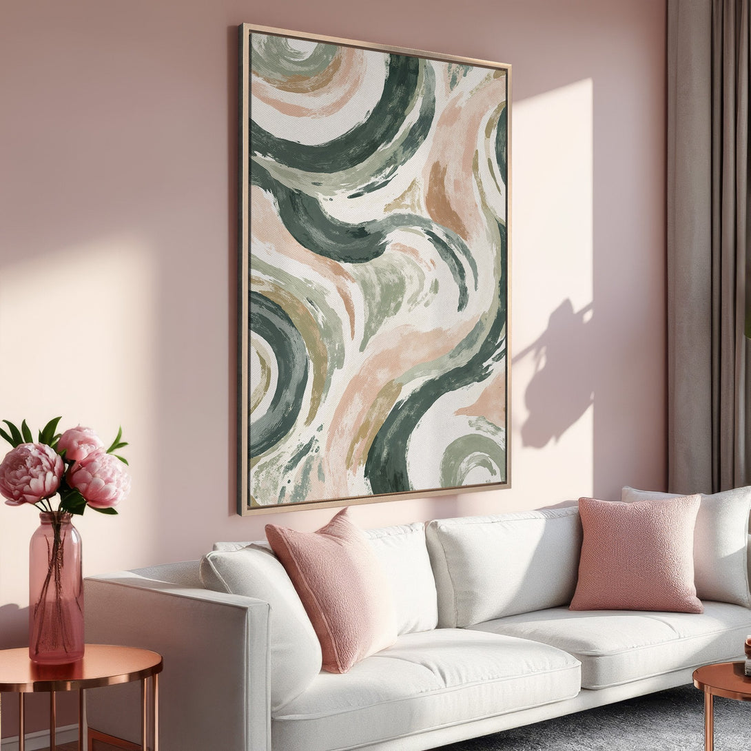 Framed Wall Art: Abstract brushstroke art in green, pink, and beige. Modern canvas print adds a pop of color to a living room's soft, neutral palette.