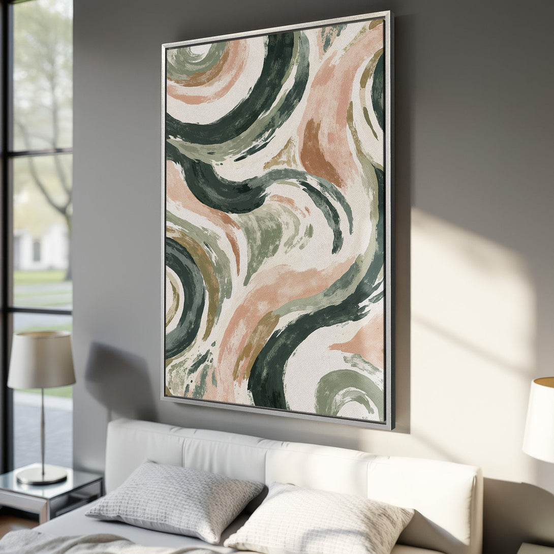 Framed Wall Art featuring abstract brushstrokes in green, pink, and brown hues. Modern art canvas print for bedroom decor.