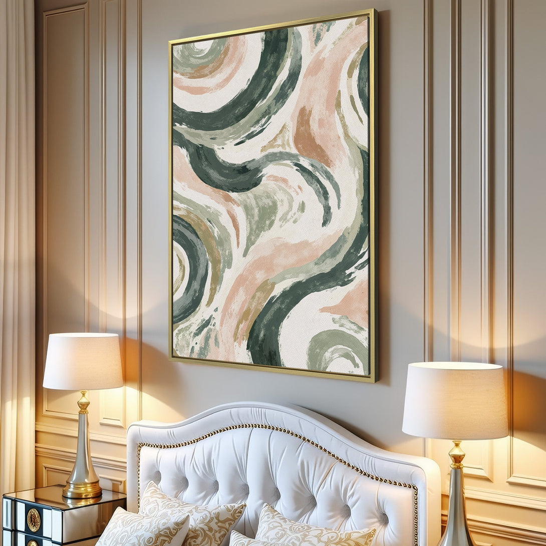 Abstract Canvas Print in neutral tones (green, pink, beige). Modern art decor for living room. Enhance your space with this stylish wall art.