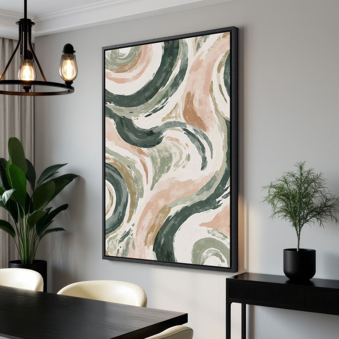 Framed Wall Art: Abstract brushstroke art in a modern style with a neutral color palette of greens, pinks, and browns. Perfect for any interior.