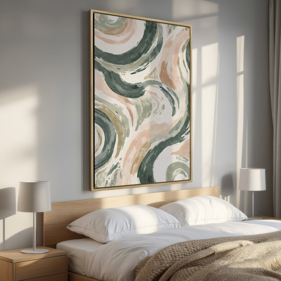 Framed Wall Art: Abstract brushstroke art in a bedroom. Features a neutral color palette with greens, pinks, and browns. Modern decor for any space.