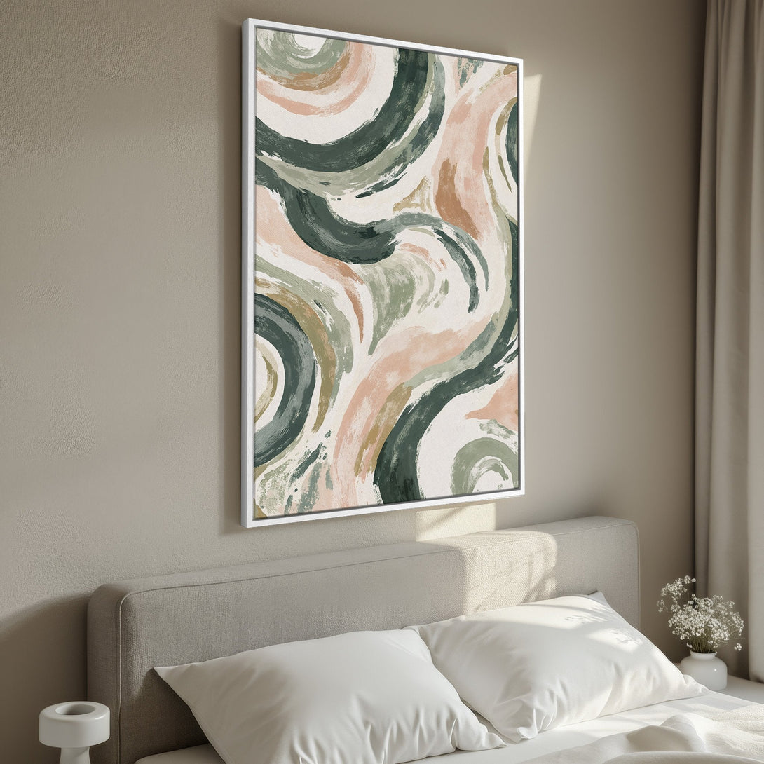 Framed Wall Art featuring abstract brushstrokes in green, pink, and brown hues. Modern art canvas print adds a touch of elegance to any interior.