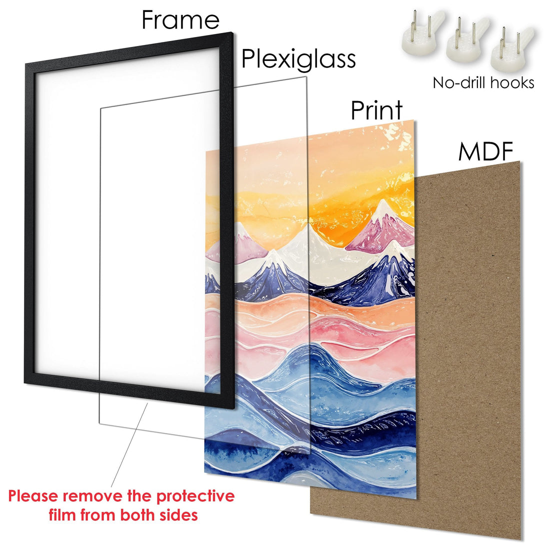 Framed Poster of a watercolor landscape with mountains and ocean. Features a warm color palette of orange, pink, and blue. Ready to hang!