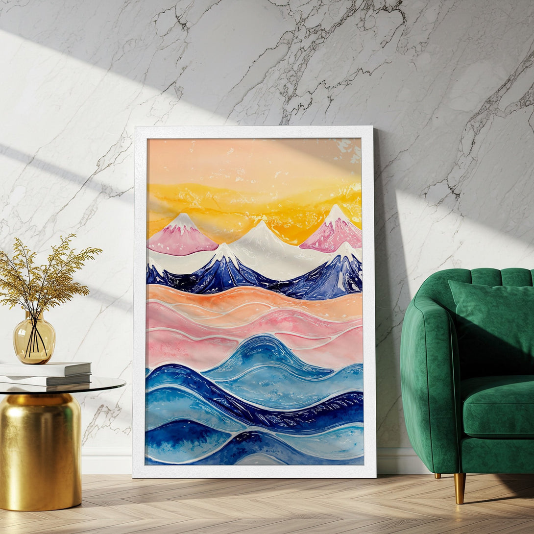Framed Poster of abstract mountain landscape in watercolor style, featuring a vibrant blue, pink, and yellow color palette. Perfect wall art!