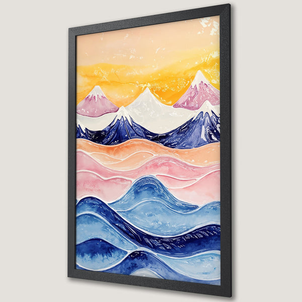 Framed Poster featuring abstract mountain landscape art in watercolor style. Soft pink, blue, and yellow color palette. Perfect wall decor.