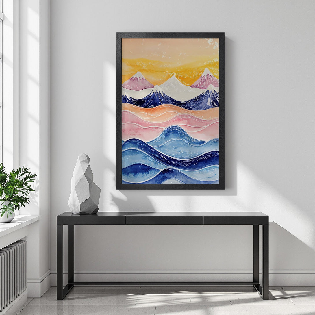 Framed Poster featuring watercolor mountain landscape art in a vibrant, pastel color palette. Perfect wall decor for modern homes!