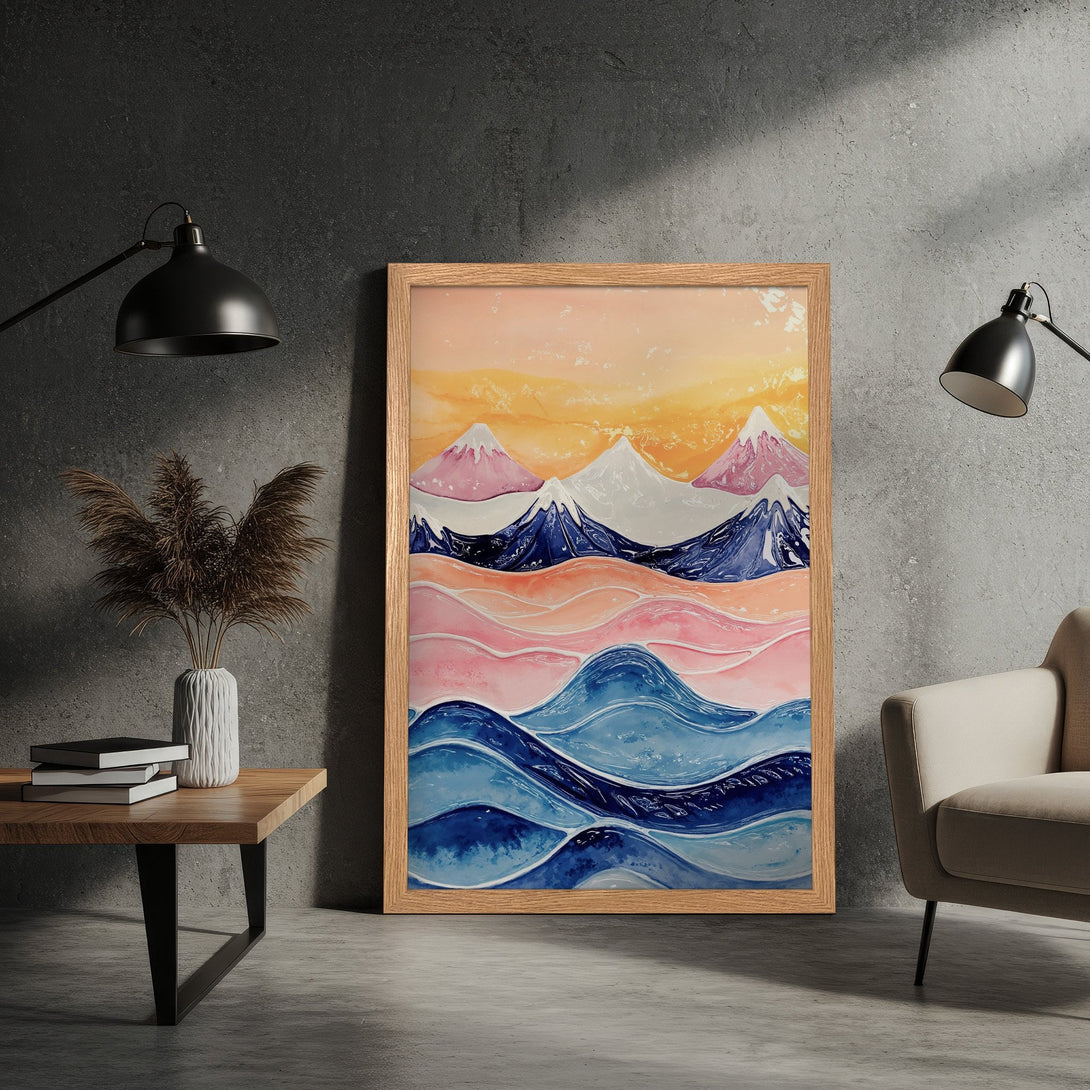 Framed Poster featuring watercolor mountain landscape art. Pastel color palette with pink, blue, and yellow tones. Perfect wall decor!