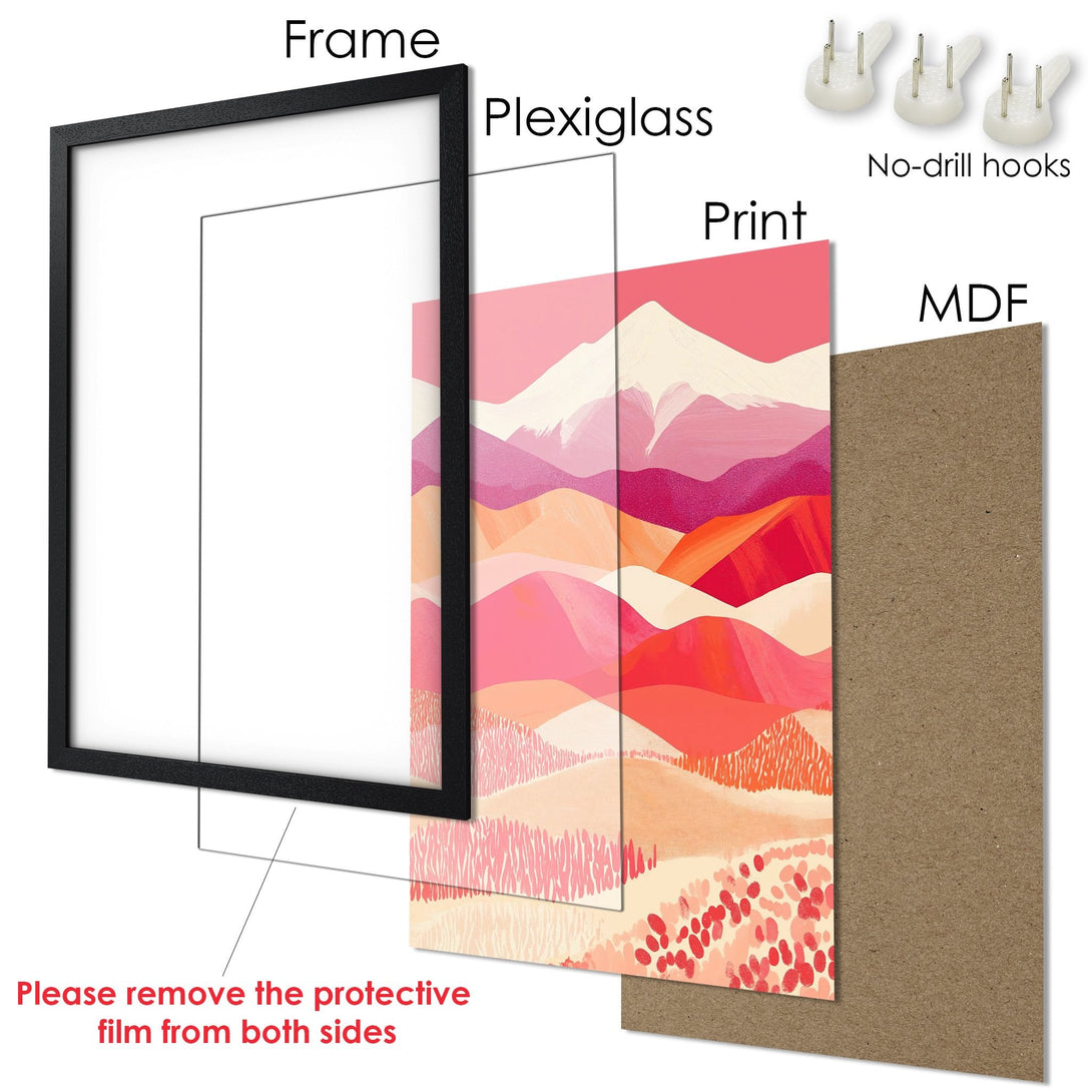 Framed Poster of abstract landscape art in a warm pink and orange color palette. Ready to hang!
