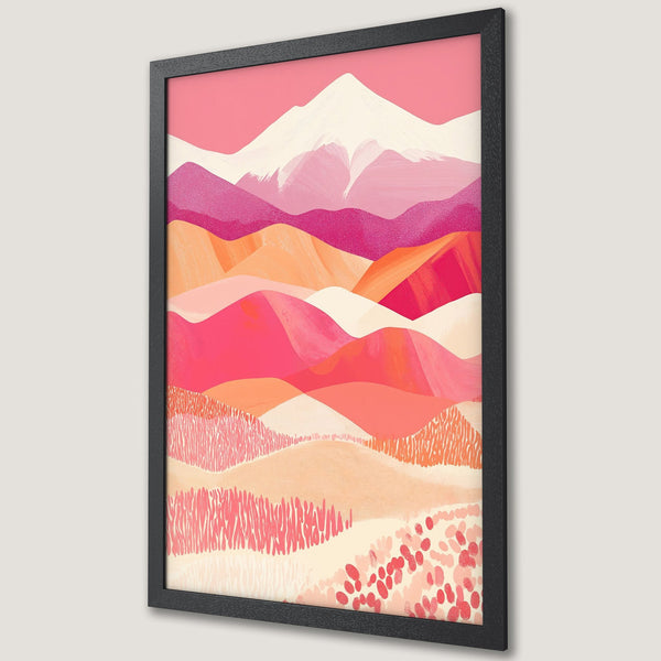 Framed Poster of abstract mountain landscape art in a vibrant pink and orange color palette. Modern wall decor.