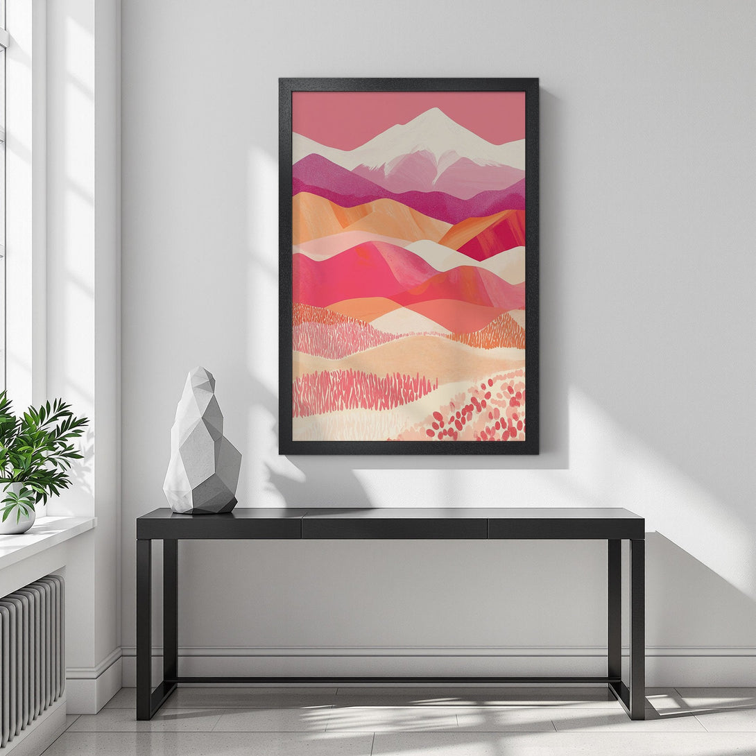 Framed Poster featuring abstract mountain landscape art in a vibrant pink and orange color palette, perfect wall decor.