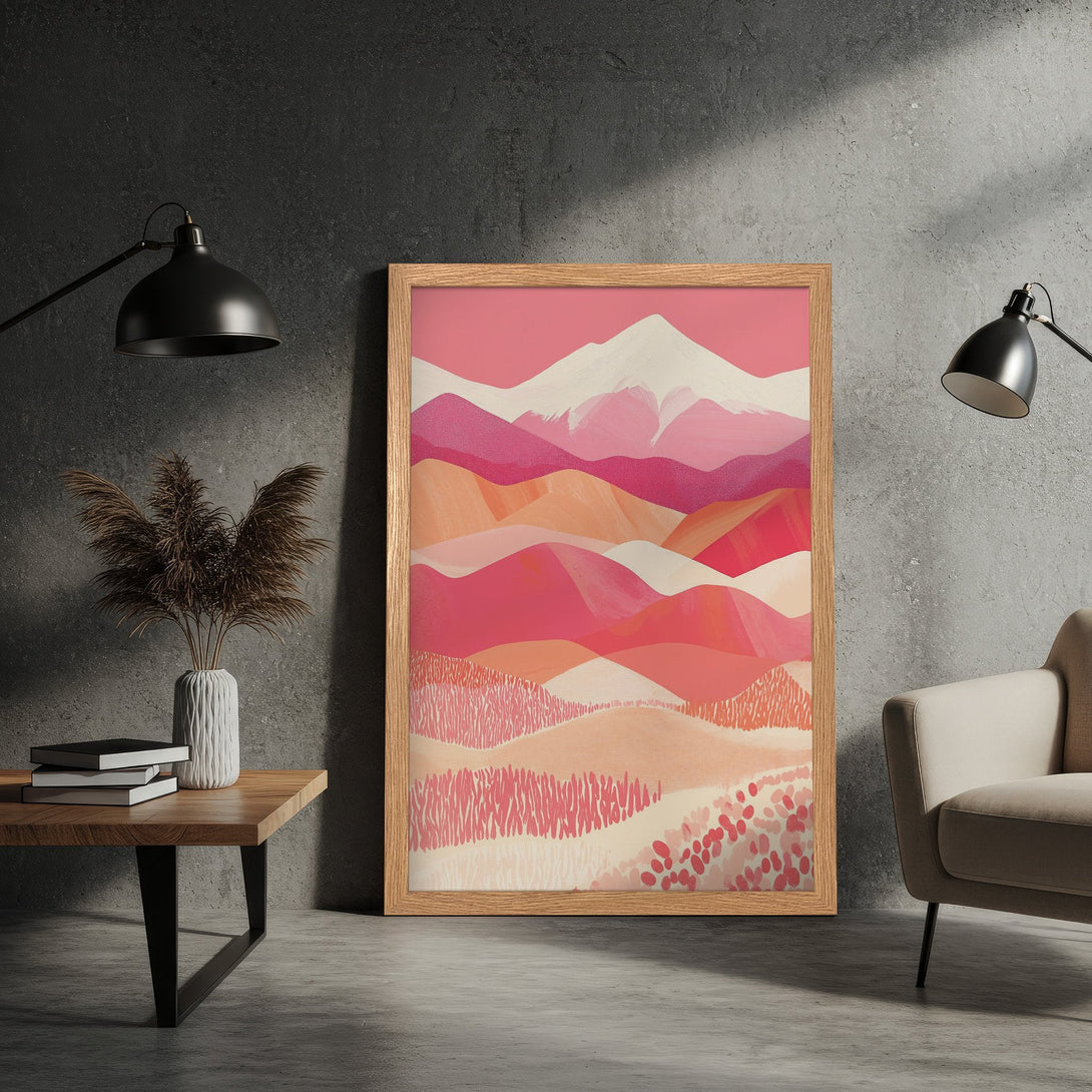 Framed Poster featuring a modern mountain landscape in a warm pink and peach color palette. Perfect wall art for any space!