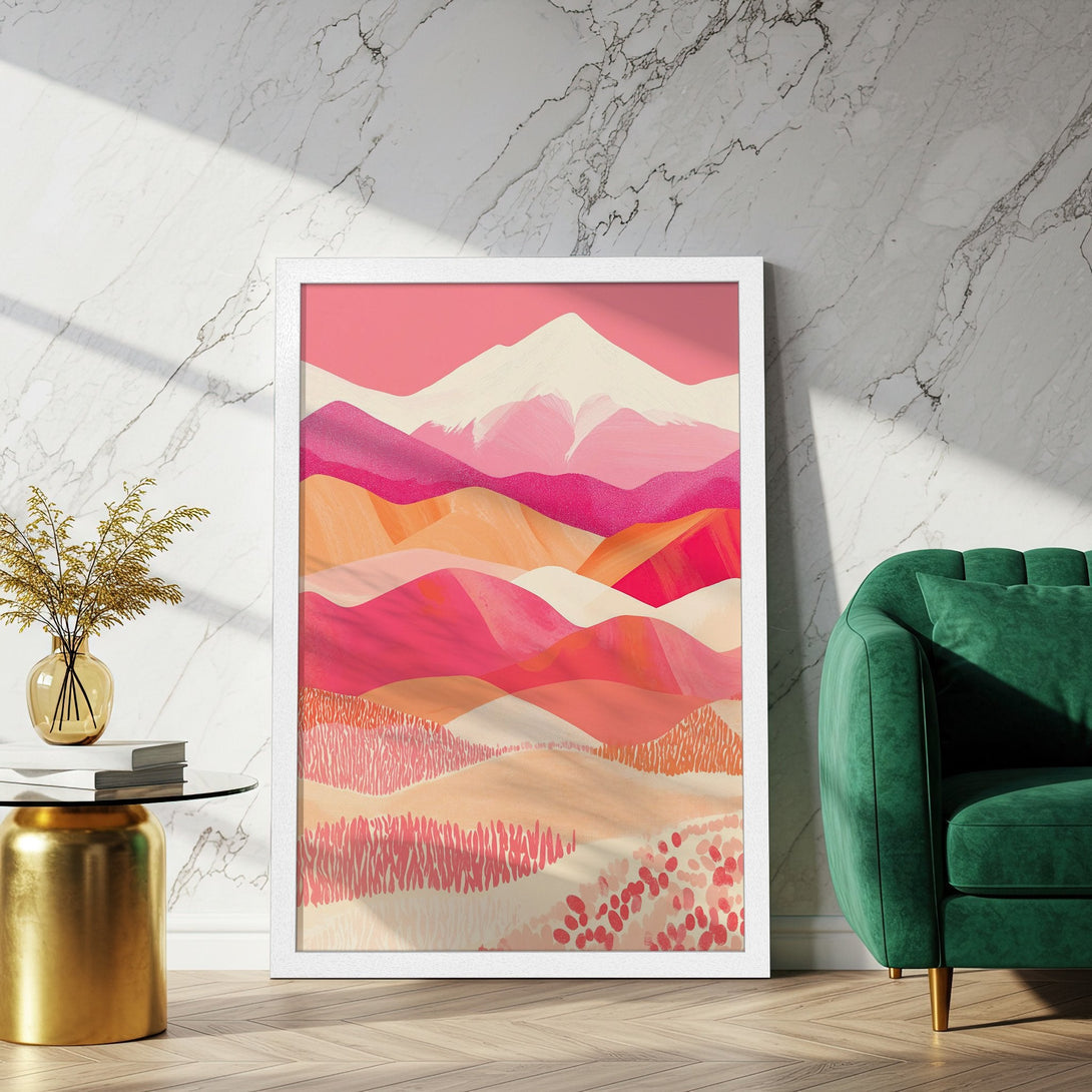 Framed Poster: Abstract landscape art print in pink, orange, and beige hues. Modern wall decor for a stylish home.