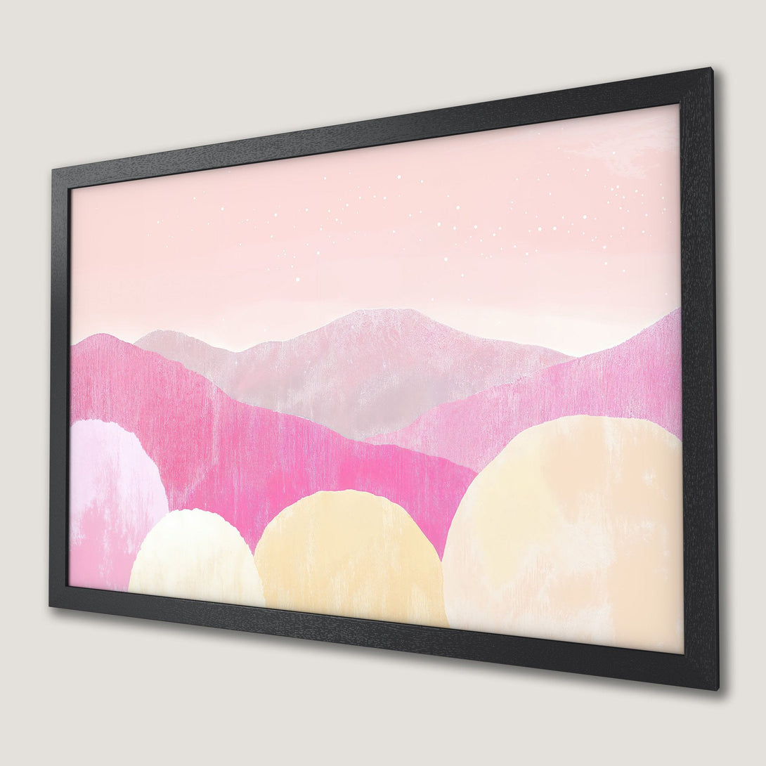 Framed Poster featuring abstract landscape art in pink and yellow hues, perfect wall decor.