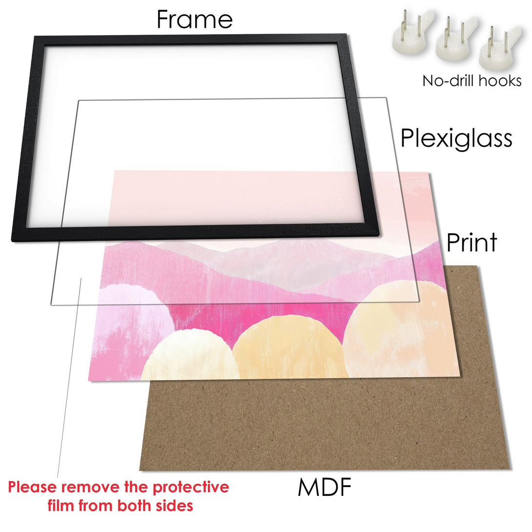 Framed Poster featuring an abstract landscape art print in a pink and beige color palette. Modern wall decor for your home.