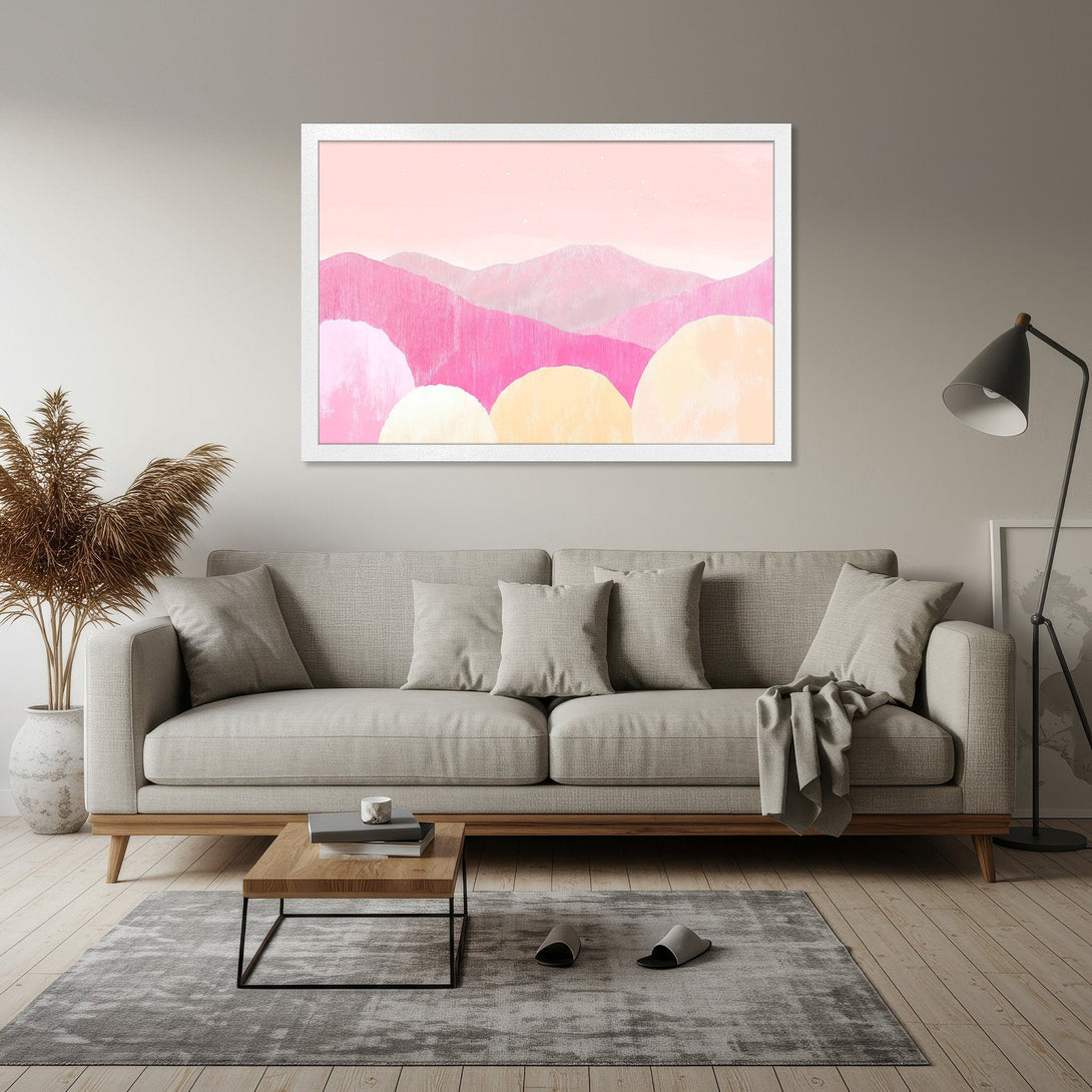 Framed Poster featuring abstract pink mountains, watercolor style, soft pastel color palette for modern home decor.