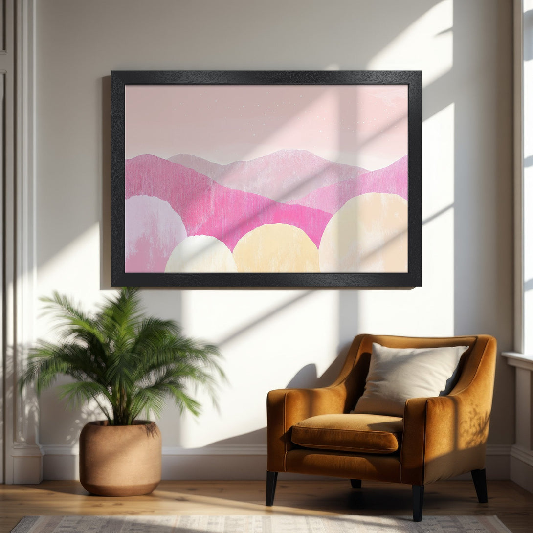 Framed Poster featuring abstract pink and yellow landscape art. Modern style, perfect for home decor.