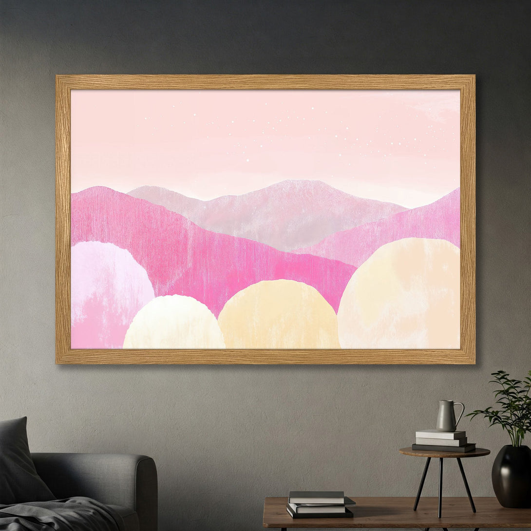 Framed Poster featuring abstract mountains in a soft, watercolor style. Pink and yellow color palette creates a calming, modern aesthetic.