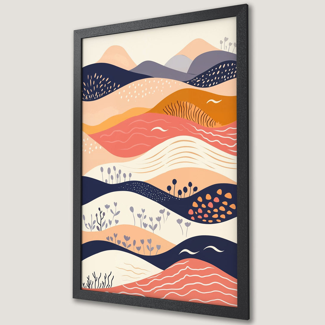 Framed Poster featuring abstract landscape art in a minimalist style with a warm color palette of orange, blue, and coral. Perfect wall decor.