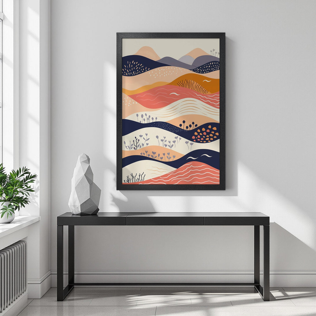 Framed Poster featuring abstract landscape art in a minimalist style with a warm, earthy color palette. Perfect wall decor!