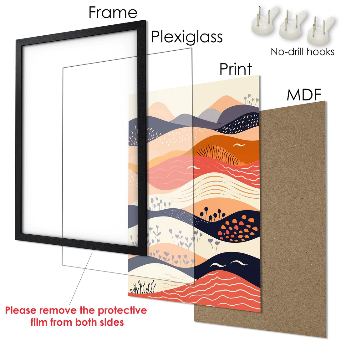 Framed Poster featuring an abstract landscape art print in a warm color palette. Perfect wall decor!