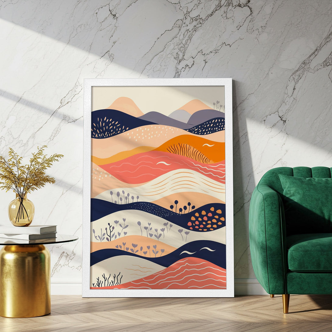 Framed Poster of abstract landscape art in a modern style with a warm color palette of coral, navy, and beige. Perfect wall decor.